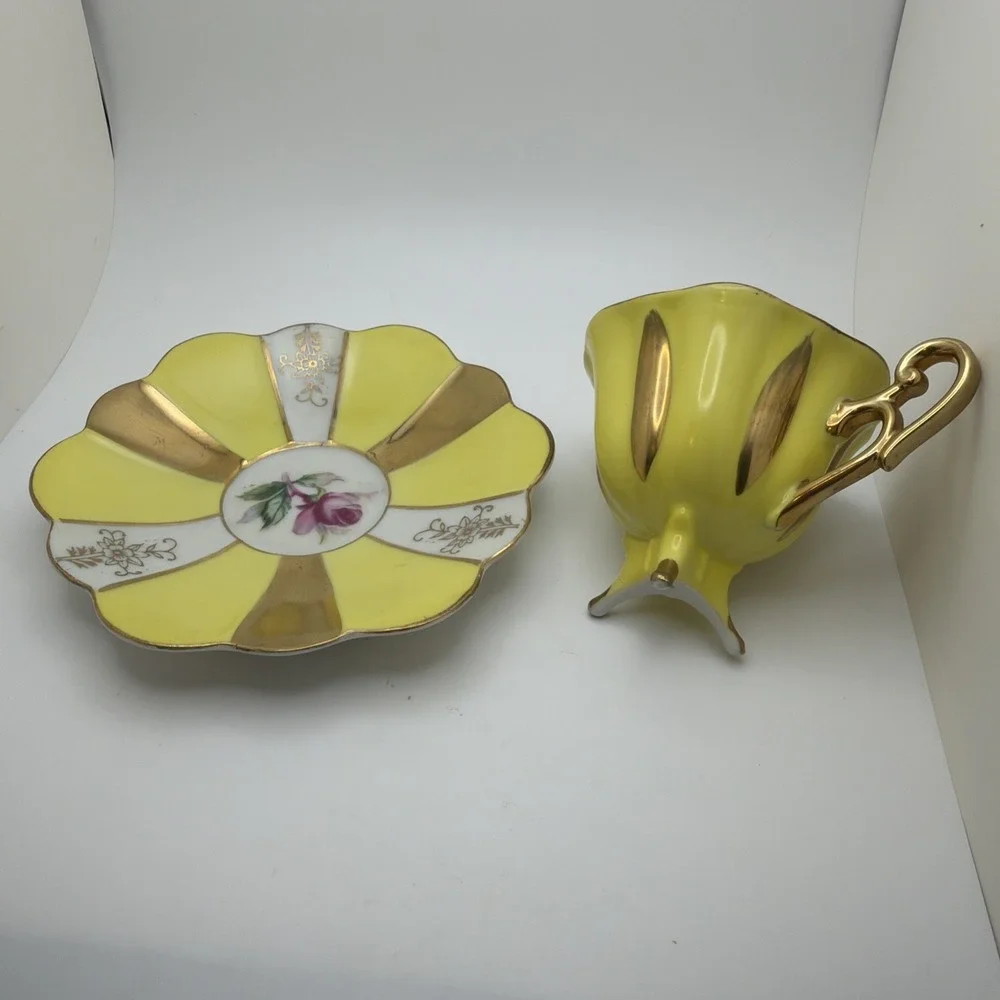 Vintage Wales Porcelain Footed Tea Cup Saucer Set Yellow Gold Lusterware Rose